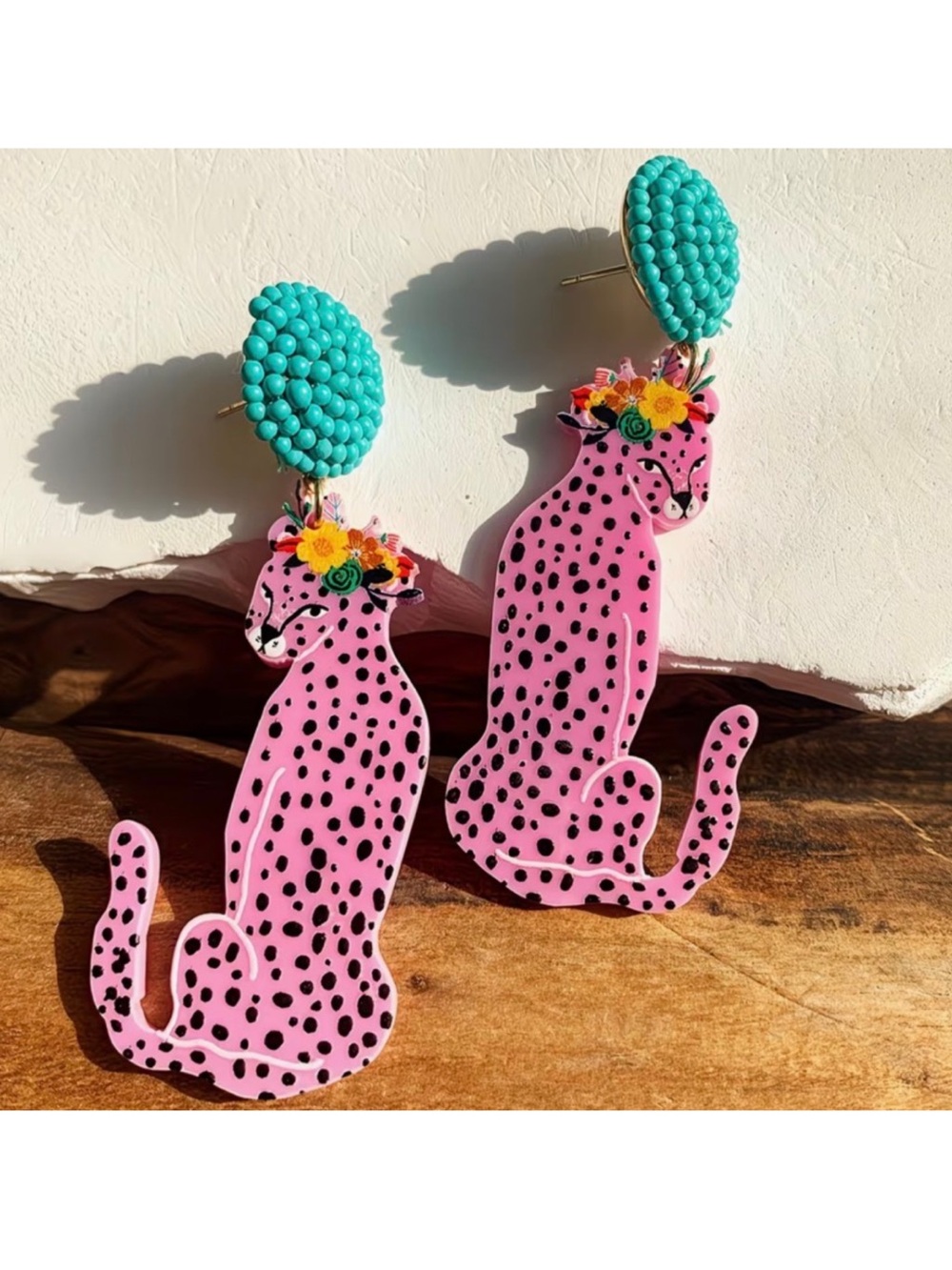 Chic Pink Leopard Earrings With Blue Beaded Stud Acrylic Dangle Big Cat E26